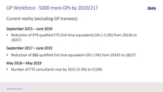 ©British Medical Association
Current reality (excluding GP trainees):
September 2015 – June 2019
• Reduction of 979 qualified FTE (full time equivalent) GPs (-3.3%) from 29236 to
28257.
September 2017 – June 2019
• Reduction of 886 qualified full time equivalent GPs (-3%) from 29143 to 28257.
May 2018 – May 2019
• Number of FTE consultants rose by 1652 (3.3%) to 51200.
GP Workforce - 5000 more GPs by 2020/21?
 