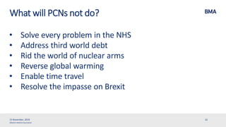 ©British Medical Association
What will PCNs not do?
• Solve every problem in the NHS
• Address third world debt
• Rid the world of nuclear arms
• Reverse global warming
• Enable time travel
• Resolve the impasse on Brexit
15 November, 2019 32
 