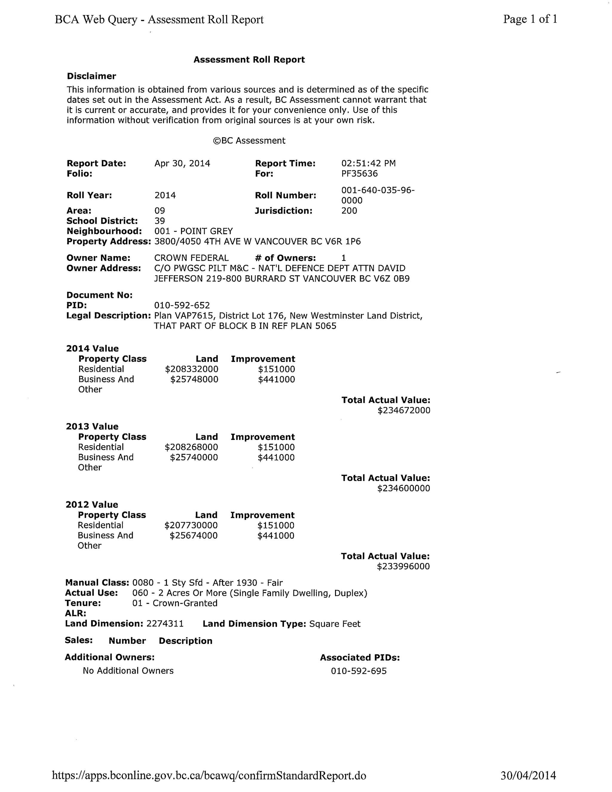BCA Web Query - Assessment Roll Report Page 1 of 1
Assessment Roll Report
Disclaimer
This information is obtained from various sources and is determined as of the specific
dates set out in the Assessment Act. As a result, BC Assessment cannot warrant that
it is current or accurate, and provides it for your convenience only. Use of this
information without verification from original sources is at your own risk.
©BC Assessment
Report Date: Apr 30, 2014 Report Time: 02:51:42 PM
Folio: For: PF35636
Roll Year:
Area:
School District:
Neighbourhood:
Property Address:
Owner Name:
Owner Address:
001-640-035-96-
2014 Roll Number:
0000
09 Jurisdiction: 200
39
001 - POINT GREY
3800/4050 4TH AVE W VANCOUVER BC V6R 1P6
CROWN FEDERAL # of Owners: 1
C/O PWGSC PItT M&C - NAT'L DEFENCE DEPT A-I-I-N DAVID
JEFFERSON 219-800 BURRARD ST VANCOUVER BC V6Z 0B9
Document No:
PID:
Legal Description:
010-592-652
Plan VAP7615, District Lot 176, New Westminster Land District,
THAT PART OF BLOCK B IN REF PLAN 5065
2014 Value
Property Class
Residential
Business And
Other
Land Improvement
$208332000 $151000
$25748000 $441000
Total Actual Value:
$234672000
2013 Value
Property Class
Residential
Business And
Other
Land Improvement
$208268000 $151000
$25740000 $441000
Total Actual Value:
$234600000
2012 Value
Property Class
Residential
Business And
Other
Land Improvement
$207730000 $151000
$25674000 $441000
Total Actual Value:
$233996000
Manual Class: 0080 - 1 Sty Sfd - After 1930 - Fair
Actual Use: 060 - 2 Acres Or More (Single Family Dwelling, Duplex)
Tenure: 01 - Crown-Granted
ALR:
Land Dimension: 2274311 Land Dimension Type: Square Feet
Sales: Number Description
Additional Owners:
No Additional Owners
Associated PIDs:
010-592-695
https://apps.bconline.gov.bc.ca/bcawq/confirmStandardReport.do 30/04/2014
 