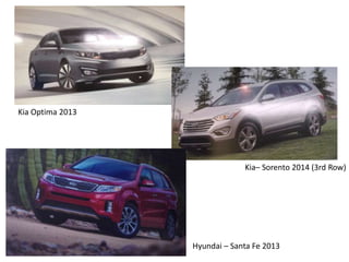Kia Optima 2013

Kia– Sorento 2014 (3rd Row)

Hyundai – Santa Fe 2013

 