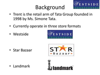 BackgroundTrent is the retail arm of Tata Group founded in 1998 by Ms. Simone Tata.Currently operate in three store formatsWestsideStar BazaarLandmark