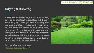 Edging & Blowing
Starting with the advantages, it turns out, for starters,
that chances of getting the care of lawn well done are
indeed very high when you task it to competent
landscaping and firms. In other words, thanks to the
fact that this is what they do on a day to day basis,
most of these firms end up becoming very good at it,
as they over time develop an idea on which practices
are truly effective. Still on the advantages, it emerges
that, in most cases, getting care of lawn done by
these 'specialist' firms may prove to be a... ...
For more information, visit us at
https://westsidegrounds.com/
CALL US NOW (720) 939-2109
 