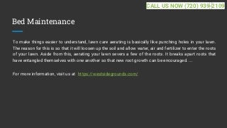 Bed Maintenance
To make things easier to understand, lawn care aerating is basically like punching holes in your lawn.
The reason for this is so that it will loosen up the soil and allow water, air and fertilizer to enter the roots
of your lawn. Aside from this, aerating your lawn severs a few of the roots. It breaks apart roots that
have entangled themselves with one another so that new root growth can be encouraged. ...
For more information, visit us at https://westsidegrounds.com/
CALL US NOW (720) 939-2109
 