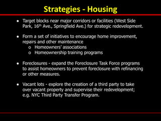 Strategies - Housing
● Target blocks near major corridors or facilities (West Side
Park, 16th Ave., Springfield Ave.) for ...