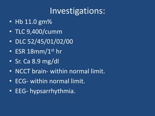 Investigations:
•   Hb 11.0 gm%
•   TLC 9,400/cumm
•   DLC 52/45/01/02/00
•   ESR 18mm/1st hr
•   Sr. Ca 8.9 mg/dl
•   NCCT brain- within normal limit.
•   ECG- within normal limit.
•   EEG- hypsarrhythmia.
 