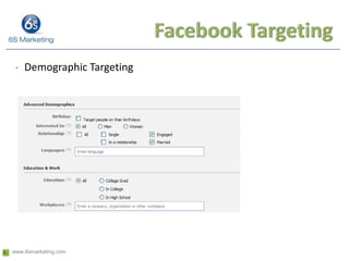 Facebook TargetingDemographic TargetingFacebook TargetingGeographic TargetingFacebook TargetingTargeting InterestsFacebook AnalyticsMedia ConsumptionFan Page InteractionFan Growth
