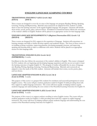 ENGLISH LANGUAGE LEARNING COURSES
TRANSITIONAL ENGLISH 8/ 9 (ELL Levels 1 &2)
(XTE 8) (XTE 9)
These courses are designed to cover the six areas of the language arts program: Reading, Writing, Speaking,
Listening, Viewing and Representing. Materials and coursework are adapted for ELL students to enable
them to meet the learning outcomes of the regular English Language Arts program. Literature will include
short stories, novels, poetry, plays, and non-fiction. Enrollment in transitional classes follows the assessment
of the student’s abilities in English. Students will be placed in an appropriate section for their language skills.
ENGLISH LANGUAGE DEVELOPMENT 8/ 9 (Beginner/Intermediate ELL: Levels 1 -3)
(XELD 8) (XELD 9)
These courses are designed for ELL support in the acquisition of language. Students will concentrate on
learning strategies and skills to further develop cognitive and academic literacy. The focus of these courses is
on building working vocabulary, improving grammar, developing paragraph structure, and improving
speaking and listening skills in order to collaborate with others. Students will be placed in an appropriate
section for their language skills.
TRANSITIONAL ENGLISH 10 (ELL Levels 1 & 2)
(XSPBKOBESL) 0 credits
Enrollment in this class follows the assessment of the student’s abilities in English. This course is designed
for ELL students who are beginning and developing language acquisition and who are not yet ready to meet
the learning outcomes of regular English 10. The program of studies will parallel the six areas of language
arts: Reading, Writing, Speaking, Listening, Viewing and Representing. Materials and coursework are
adapted to meet the needs of the ELL student. Literature will include short stories, novels, poetry, plays,
and non-fiction.
LANGUAGE ADAPTED ENGLISH 10 (ELL Levels 3 & 4)
(Code for EN10) 4 credits
This purpose of this course is to prepare ELL students for enrolment and successful participation in senior
English courses. The course will give students graduation credit for English 10 while providing them with
ELL support in explicit language instruction. The course will focus equally on helping students acquire
academic language and understanding the core content of the Prescribed Learning Outcomes for English 10.
LANGUAGE ADAPTED ENGLISH 11 (ELL Levels 3 & 4)
(Code for EN11) 4 credits
The purpose of this course is to support students enrolling in senior English courses. The course will give
students graduation credits for English 11 while providing them with ELL support in explicit language
instruction. The course will focus on helping students acquire academic language and understanding the core
content of the Prescribed Learning Outcomes for English 11.
21
 
