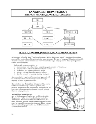 INTRO 11 +IB
LANG 12IB
LANG 11IB
LANG 12
LANG 11
FR 10
FR 12 IB
FR 11 IB
FR 10PDP
LANGUAGES DEPARTMENT
FRENCH, SPANISH, JAPANESE, MANDARIN
FR 8
FR 9
FRENCH, SPANISH, JAPANESE, MANDARIN OVERVIEW
All languages offered at West Vancouver Secondary School develop the learner’s ability to communicate
purposefully, both orally and in writing, in the target language. The aim of Language Education is to enable
students to interact with confidence and competence in the target language and to develop an openness
toward cultural diversity.
Students will have opportunities to:
1. communicate with others in the target language in a variety of situations,
2. acquire and use information from authentic sources,
3. experience and respond to creative works,
4. interact with and appreciate another culture,
5. develop a variety of language learning strategies.
A communicative experiential instructional approach will
be used and students are encouraged to use the target
language as much as possible in class.
Expectations and Evaluation: All aspects of the course
will be evaluated through a series of quizzes, tests,
projects, presentations and assignments. Students who are
interested in languages are encouraged to enroll in more
than one language course.
International Baccalaureate
Any of the languages offered at any level from ab initio
(Beginner) to Higher Level may be taken as part of an
International Baccalaureate Diploma or Certificate pro-
gram. A student who has completed a Higher Level course
many be granted first year university credit. Please contact
the appropriate language teacher and the IB coordinator
for further information.
Haebin Lee
26
 