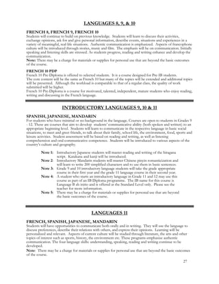 LANGUAGES 8, 9, & 10
FRENCH 8, FRENCH 9, FRENCH 10
Students will continue to build on previous knowledge. Students will learn to discuss their activities,
exchange opinions, ask for and give personal information, describe events, situations and experiences in a
variety of meaningful, real-life situations. Authentic communication is emphasized. Aspects of francophone
culture will be introduced through stories, music and film. The emphasis will be on communication. Initially
speaking and listening skills are stressed. As students progress, reading and writing enhance and develop the
communication.
Note: There may be a charge for materials or supplies for personal use that are beyond the basic outcomes
of the course.
FRENCH 10 PDP
French 10 Pre-Diploma is offered to selected students. It is a course designed for Pre-IB students.
The core content will be the same as French 10 but many of the topics will be extended and additional topics
will be presented. Although the workload is comparable to that of a regular class, the quality of work
submitted will be higher.
French 10 Pre-Diploma is a course for motivated, talented, independent, mature students who enjoy reading,
writing and discussing in the French language.
INTRODUCTORY LANGUAGES 9, 10 & 11
SPANISH, JAPANESE, MANDARIN
For students who have minimal or no background in the language. Courses are open to students in Grades 9
- 12. These are courses that aim to develop students’ communicative ability (both spoken and written) to an
appropriate beginning level. Students will learn to communicate in the respective language in basic social
situations, to meet and greet friends, to talk about their family, school life, the environment, food, sports and
leisure activities. Student assessment will be based on reading and writing, as well as listening
comprehension and oral communicative competence. Students will be introduced to various aspects of the
country’s culture and geography.
Note 1: Introductory Japanese students will master reading and writing of the hiragana
script. Katakana and kanji will be introduced.
Note 2: Introductory Mandarin students will master Chinese pinyin romanticization and
will learn to write 200 simplified characters and to use them in basic sentences.
Note 3: Grade 9 and 10 introductory language students will take the grade appropriate
course in their first year and the grade 11 language course in their second year.
Note 4: A student who starts an introductory language in Grade 11 and 12 may use this
course as part of an IB Diploma programme. The IB name for this course is
Language B ab initio and is offered at the Standard Level only. Please see the
teacher for more information.
Note 5: There may be a charge for materials or supplies for personal use that are beyond
the basic outcomes of the course.
LANGUAGES 11
FRENCH, SPANISH, JAPANESE, MANDARIN
Students will have opportunities to communicate both orally and in writing. They will use the language to
discuss preferences, describe their relations with others, and express their opinions. Learning will be
personalized and relevant. Aspects of current culture will be studied through literature, the arts and other
topics of interest such as sports, history, the environment etc. These programs emphasize authentic
communication. The four language skills: understanding, speaking, reading and writing continue to be
developed.
Note: There may be a charge for materials or supplies for personal use that are beyond the basic outcomes
of the course.
27
 