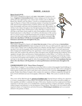 DANCE 9/10/11/12
Dance Level 1 (9-12)
This course is designed for dancers with zero – two years of experience and
have a beginner to intermediate level of dance background. In this class you
will be given the opportunity to try various types of dance such as: Hip Hop,
Break, Jazz, Modern, and Tap. Dance 1 focuses on strengthening dance tech-
nique in all genres of dance while introducing students to learning choreography
skills and movement implementation. Students will have the opportunity to
learn choreography and create and choreograph dances with other students. We
will also look at dance throughout time through learning about different chore-
ographers through videos and discussion. Lastly, field trips to watch live dance
and trips to take dance classes taught by other choreographers will be provided.
Student placement in either Dance 1 or 2 will be at the discretion of the teacher;
this is to ensure success of individual learning and a poignant, focused group of
dancers that learn well together and contribute to the school community. Stu-
dents who take Dance 1 (9-12) are encouraged to perform at various per-
formances and showcases throughout the year.
Dance Level 2 (9-12)
This course is designed for dancers with more than two years of dance and having an intermediate-
moderately experienced level of dance background. In this class you will be given the opportunity to try
various types of dance such as: Hip Hop, Break, Jazz, Modern, and Tap. Dance 2 is focused on broaden-
ing dance style and choreography skills, fostering mature dance students with a varied and experienced
dance background. Students will have the opportunity to learn choreography and create and choreograph
dances with other students. We will look at dance throughout time through learning about different chore-
ographers through videos and discussion. Student placement in either Dance 1 or 2 will be at the discre-
tion of the teacher; this is to ensure success of individual learning and a poignant, focused group of danc-
ers that learn well together and contribute to the school community. Lastly, field trips to watch live dance
and trips to take dance classes taught by other choreographers will be provided. It is mandatory that stu-
dents who take Dance 2 (9-12) perform at various performances and showcases throughout the
year.
CHOREOGRAPHY 11/12 “Street Dance Company”
“Street Dance Company” is an exciting new course that offers an artistic choreography-based challenge to
students who are dedicated and passionate about Hip Hop movement and style. This course is designed to
bring together students who want to push them selves creatively in the curricular choreography (self and
group). Finally, Street Dance Company offers students the experience of Dance competition through the
form of both individual and team choreography collaboration. Note: This course is outside the timeta-
ble.
This course will be filled through the process of audition only. Potential dancers will have the opportuni-
ty to learn a standard piece of Street Dance choreography provided by the teacher and will be judged on
their capability and ability to undertake the rigor of this course. Students must have ample previous Dance
experience to take this course as it is modeled after a professional dance company atmosphere, requiring
student integrity and dedication to the development of Street Dance. Throughout the year students will be
required to dance at Competitions and school showcases. Performing is mandatory and is an essential
element to the practice of dance.
35
 