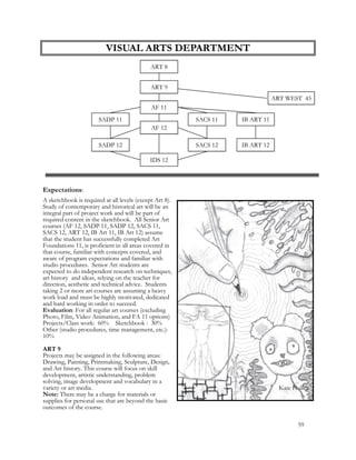 VISUAL ARTS DEPARTMENT
ART 8
ART 9
AF 11
AF 12
SADP 11 SACS 11 IB ART 11
IB ART 12SACS 12SADP 12
IDS 12
Expectations:
A sketchbook is required at all levels (except Art 8).
Study of contemporary and historical art will be an
integral part of project work and will be part of
required content in the sketchbook. All Senior Art
courses (AF 12, SADP 11, SADP 12, SACS 11,
SACS 12, ART 12, IB Art 11, IB Art 12) assume
that the student has successfully completed Art
Foundations 11, is proficient in all areas covered in
that course, familiar with concepts covered, and
aware of program expectations and familiar with
studio procedures. Senior Art students are
expected to do independent research on techniques,
art history and ideas, relying on the teacher for
direction, aesthetic and technical advice. Students
taking 2 or more art courses are assuming a heavy
work load and must be highly motivated, dedicated
and hard working in order to succeed.
Evaluation: For all regular art courses (excluding
Photo, Film, Video Animation, and FA 11 options)
Projects/Class work: 60% Sketchbook : 30%
Other (studio procedures, time management, etc.):
10%
ART 9
Projects may be assigned in the following areas:
Drawing, Painting, Printmaking, Sculpture, Design,
and Art history. This course will focus on skill
development, artistic understanding, problem
solving, image development and vocabulary in a
variety or art media.
Note: There may be a charge for materials or
supplies for personal use that are beyond the basic
outcomes of the course.
Kate Holley
59
ART WEST 45
 