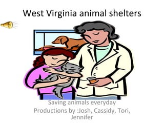 West Virginia animal shelters Saving animals everyday Productions by :Josh, Cassidy, Tori, Jennifer 