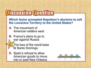 A. A
B. B
C. C
D. DA
B
C
D
0% 0%0%0%
Which factor prompted Napoleon’s decision to sell
the Louisiana Territory to the United States?
A. The movement of
American settlers west
B. France’s plans to go to
war against Russia
C. The loss of the naval base
at Santo Domingo
D. Spain’s refusal to allow
American goods to move
into or past New Orleans
 