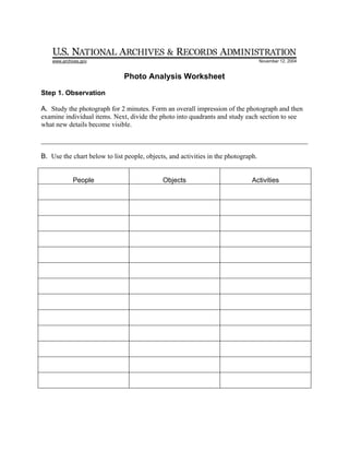 www.archives.gov                                                                November 12, 2004


                               Photo Analysis Worksheet

Step 1. Observation

A. Study the photograph for 2 minutes. Form an overall impression of the photograph and then
examine individual items. Next, divide the photo into quadrants and study each section to see
what new details become visible.

______________________________________________________________________________

B. Use the chart below to list people, objects, and activities in the photograph.


             People                          Objects                           Activities
 