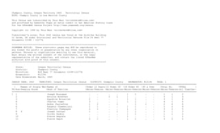 Champoic County, Oregon Territory 1845   Territorial Census
NOTE: Champic County is now Marrion County

This Census was transcribed by Teia Neal <silverhelm@triax.com>
and proofread by Samantha Chapa as extra credit in her American History class
for the USGenWeb Census Project http://www.usgenweb.org/census.

Copyright (c) 1999 by Teia Neal <silverhelm@triax.com>

Transcriber's notes: This 1845 census was found at the Archives Building
in Salem, OR under Provisional and Territorial Records Film 24 Reel 77
Documents 12188 - 12277b

************************************************************************
USGENWEB NOTICE: These electronic pages may NOT be reproduced in
any format for profit or presentation by any other organization or
persons. Persons or organizations desiring to use this material,
must obtain the written consent of the contributor, or the legal
representative of the submitter, and contact the listed USGenWeb
archivist with proof of this consent.
************************************************************************

  State:             Oregon Territorial Census
  District:          Champoic County
  Microfilm:         #24 Reel 77 Documents 12188-12277b
  Enumerator:        #12194
  Date Enumerated:   March, 1845

CENSUS YEAR: 1845    TERRITORY: Oregon Territorial Census   DISTRICT: Champoic County    ENUMERATOR: #12194    PAGE: 1
=============================================================================================================================================
  |   |Names of Single Men|Names of                     |Under 12 Years|12 Under 18 |18 Under 45 |45 & Over      |Total No.    |TOTAL       |
PG|Row|Keeping House      |Head of Families             |Males|Females |Males|Females|Males|Females|Males|Females|Males|Females|All Together|
=============================================================================================================================================
1 1                        Joseph Bourgean                 .     .        .     .       1     1       .     .       1     1       2
   2                       Antoine Bonefant                .     .        2     1       1     .       .     .       3     1       4
   3                       Hypobite Brousllet              2     .        .     .       1     1       .     .       3     1       4
   4                       Charles Compo                   3     .        .     .       1     1       .     .       4     1       5
   5                       Andre CharLefoux                1     2        .     1             1       1     .       2     4       6
   6                       Adophus Chamberlain             1     1        .     .       1     1       .     .       2     2       4
   7                       Francois Champagne              2     1        .     .       1     1       .     .       3     2       5
   8   X                   Joseph Canoyer                  1     .        .     1       1     1       .     .       2     1       3
   9                       Oliver Daubin                   .     .        .     .       1     1       .     .       1     1       2
   10                      Pierre Degrais                  .     .        .     .       1     .       .     .       1     .       1
   11                      Pierre Depot                    2     1        .     .       1     1       .     .       3     2       5
 