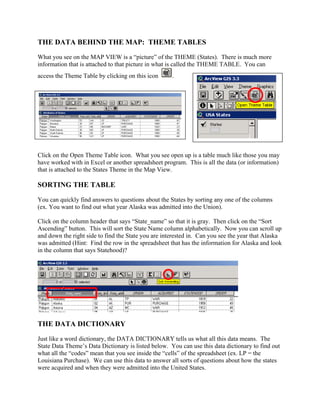 THE DATA BEHIND THE MAP: THEME TABLES
What you see on the MAP VIEW is a “picture” of the THEME (States). There is much more
information that is attached to that picture in what is called the THEME TABLE. You can
access the Theme Table by clicking on this icon      .




Click on the Open Theme Table icon. What you see open up is a table much like those you may
have worked with in Excel or another spreadsheet program. This is all the data (or information)
that is attached to the States Theme in the Map View.

SORTING THE TABLE
You can quickly find answers to questions about the States by sorting any one of the columns
(ex. You want to find out what year Alaska was admitted into the Union).

Click on the column header that says “State_name” so that it is gray. Then click on the “Sort
Ascending” button. This will sort the State Name column alphabetically. Now you can scroll up
and down the right side to find the State you are interested in. Can you see the year that Alaska
was admitted (Hint: Find the row in the spreadsheet that has the information for Alaska and look
in the column that says Statehood)?




THE DATA DICTIONARY
Just like a word dictionary, the DATA DICTIONARY tells us what all this data means. The
State Data Theme’s Data Dictionary is listed below. You can use this data dictionary to find out
what all the “codes” mean that you see inside the “cells” of the spreadsheet (ex. LP = the
Louisiana Purchase). We can use this data to answer all sorts of questions about how the states
were acquired and when they were admitted into the United States.
 