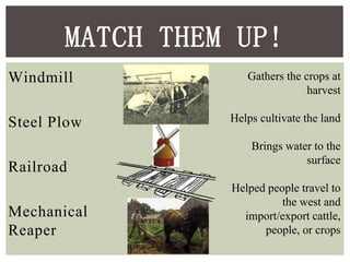 Windmill
Steel Plow
Railroad
Mechanical
Reaper
MATCH THEM UP!
Gathers the crops at
harvest
Helps cultivate the land
Brings water to the
surface
Helped people travel to
the west and
import/export cattle,
people, or crops
 