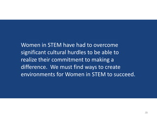Women in STEM have had to overcome
significant cultural hurdles to be able to
realize their commitment to making a
difference. We must find ways to create
environments for Women in STEM to succeed.




                                             28
 