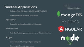 Practical ApplicationsMEAN Stack Development
Full stack from DB, Server-side/API, and HTML5 GUI
JavaScript used at each level in the Stack
Middleware
Design fits well based on efficient I/O support
Microservices
Note that Node.js apps can also be run as Windows Services
Scripts
Useful for small but frequent processing tasks
Spawning and managing processes
 