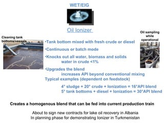 Tank bottom mixed with fresh crude or diesel Continuous or batch mode Knocks out all water, biomass and solids water in crude <1% Upgrades the blend increases API beyond conventional mixing Typical examples (dependent on feedstock) 4° sludge + 20° crude + Ionization = 16°API blend 5° tank bottoms + diesel + Ionization = 30°API blend Oil Ionizer  Cleaning tank bottoms/vessels Oil sampling while operational Creates a homogenous blend that can be fed into current production train About to sign new contracts for lake oil recovery in Albania In planning phase for demonstrating Ionizer in Turkmenistan WET/EIG 