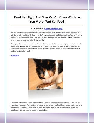 Feed Her Right And Your Cat Or Kitten Will Love
You More- Wet Cat Food
_____________________________________________________________________________________
By Wills Jacklin - http://wetcatfood.org/
You can take the easy option and throw some discount cat feed into a bowl for your feline friend, but
will she remain your friend for long if you don't give a bit more thought into what you feed her? Here is
some advice that will have her purring with delight at feeding time, and keep her healthy at the same
time. In order to keep your cat or kitten healthy.
During the first few weeks, the food will come from mom cat. But, when he begins to reach the age of
four to six weeks, he needs to supplement his foods with canned kitten food or you can provide him
with dry cat food that is softened with water. At eight weeks, he should be weaned from the mother
and eating kitten food solely.
Click Here
Growing kittens will eat a good amount of food. They are growing very fast and need it. They will eat
more than once a day. They are likely to eat up to four smaller meals until they are six months old. You
should give him plenty of clean water as well. Remember, kittens have smaller stomachs and need
smaller amounts but use a lot of energy nonetheless.
 