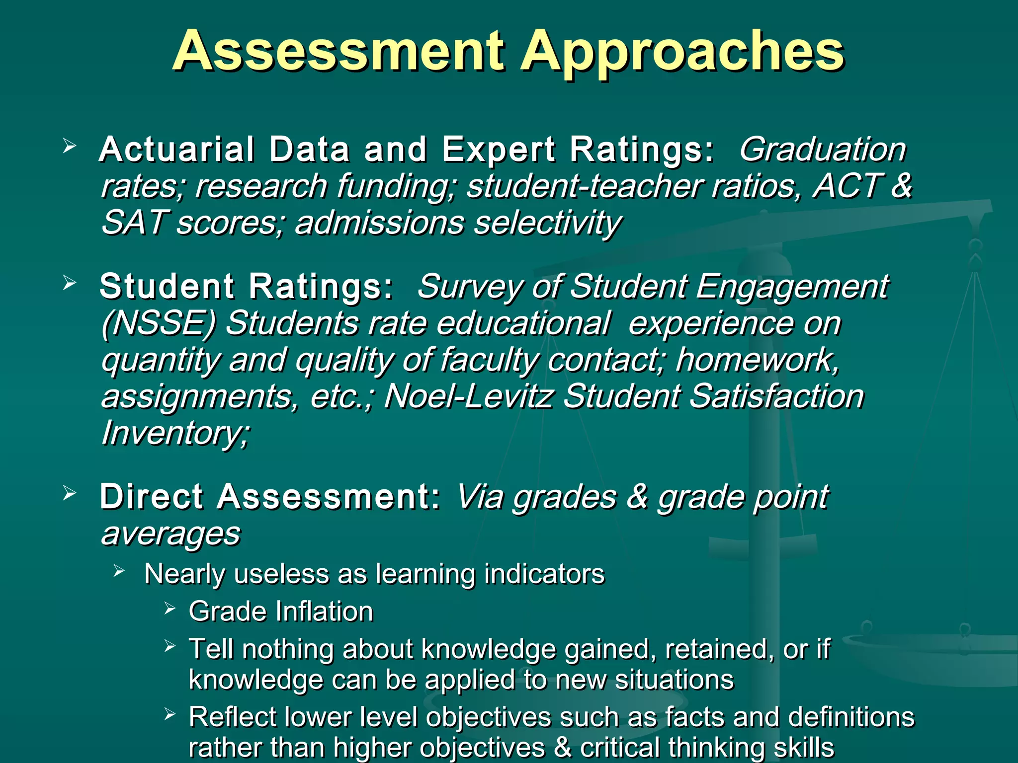 Assessment ApproachesAssessment Approaches
 Actuarial Data and Expert Ratings:Actuarial Data and Expert Ratings: GraduationGraduation
rates; research funding; student-teacher ratios, ACT &rates; research funding; student-teacher ratios, ACT &
SAT scores; admissions selectivitySAT scores; admissions selectivity
 Student Ratings:Student Ratings: Survey of Student EngagementSurvey of Student Engagement
(NSSE) Students rate educational experience on(NSSE) Students rate educational experience on
quantity and quality of faculty contact; homework,quantity and quality of faculty contact; homework,
assignments, etc.; Noel-Levitz Student Satisfactionassignments, etc.; Noel-Levitz Student Satisfaction
Inventory;Inventory;
 Direct Assessment:Direct Assessment: Via grades & grade pointVia grades & grade point
averagesaverages
 Nearly useless as learning indicatorsNearly useless as learning indicators
 Grade InflationGrade Inflation
 Tell nothing about knowledge gained, retained, or ifTell nothing about knowledge gained, retained, or if
knowledge can be applied to new situationsknowledge can be applied to new situations
 Reflect lower level objectives such as facts and definitionsReflect lower level objectives such as facts and definitions
rather than higher objectives & critical thinking skillsrather than higher objectives & critical thinking skills
 