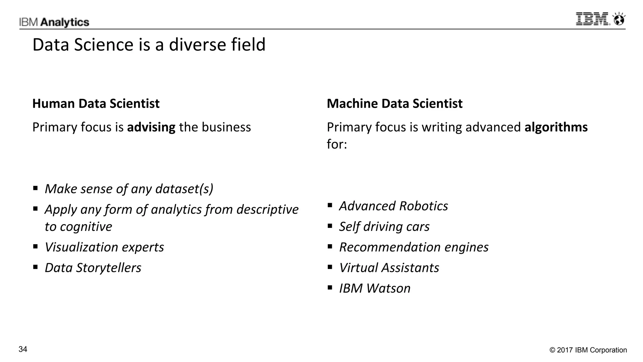 © 2017 IBM Corporation34
Data Science is a diverse field
Human Data Scientist
Primary focus is advising the business
 Make sense of any dataset(s)
 Apply any form of analytics from descriptive
to cognitive
 Visualization experts
 Data Storytellers
Machine Data Scientist
Primary focus is writing advanced algorithms
for:
 Advanced Robotics
 Self driving cars
 Recommendation engines
 Virtual Assistants
 IBM Watson
 