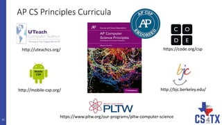 AP CS Principles Curricula
16
http://uteachcs.org/
https://www.pltw.org/our-programs/pltw-computer-science
http://mobile-csp.org/
https://code.org/csp
http://bjc.berkeley.edu/
 