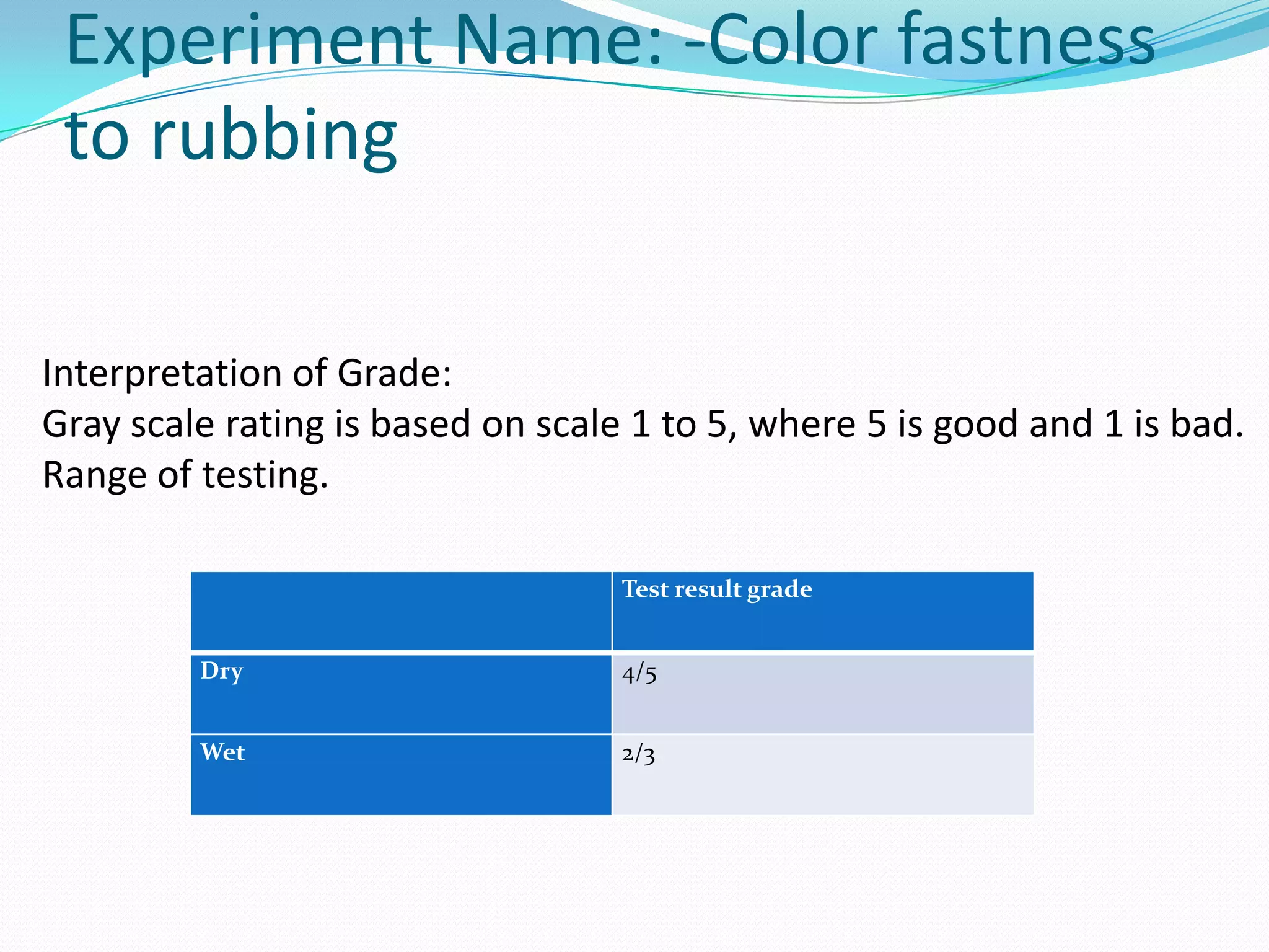 Experiment Name: -Color fastness
to rubbing
Test result grade
Dry 4/5
Wet 2/3
Interpretation of Grade:
Gray scale rating is based on scale 1 to 5, where 5 is good and 1 is bad.
Range of testing.
 