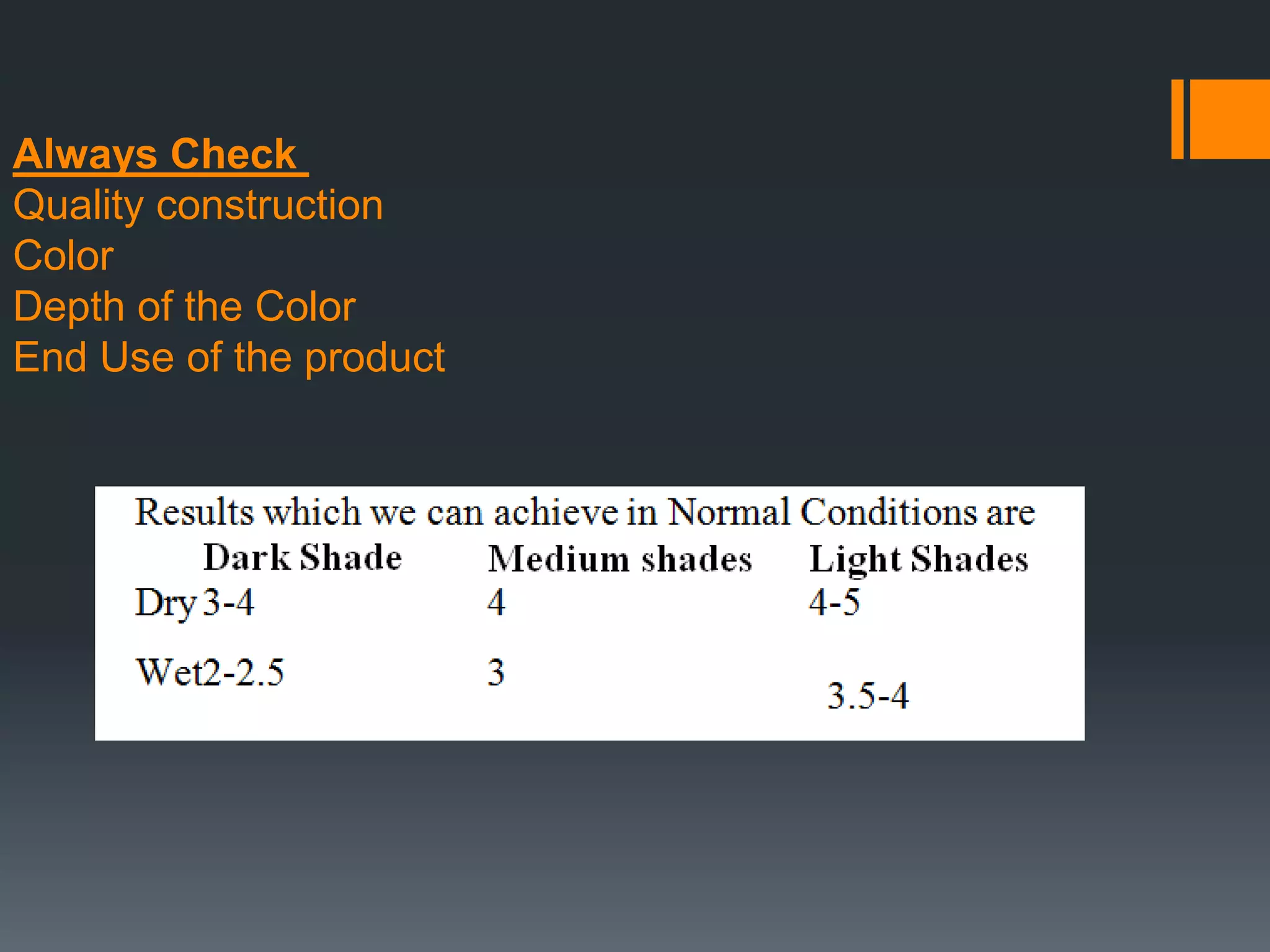 Always Check
Quality construction
Color
Depth of the Color
End Use of the product
 