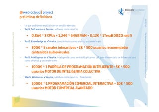 Lo que podríamos explicar con un sencillo ejemplo:
SaaS, Software as a Service, software como servicio:

•  0,86€ * 3 CPUs + 1,24€ * 64GB RAM + 0,12€ * 1TeraB DISCO raid 5
• 

KaaS, Knowledge as a Service, conocimiento como servicio, se convierte en:

•  300€ * 5 canales interactivos + 2€ * 500 usuarios recomendador
contenidos audiovisuales
• 

IIaaS, Intelligence as a Service, inteligencia como servicio (duplicamos la I, para diferenciarlo de Infraestructura
como servicio), y se convierte en:

•  1000€ * 1 PARRILA DE PROGRAMACIÓN INTELIGENTE+ 5€ * 500
usuarios MOTOR DE INTELIGENCIA COLECTIVA
• 

WaaS, Wisdom as a Service, sabiduría como servicio, y finalmente:

The Bioinspired Collaborative Intelligence Research for the Cloud

Before printing this slides, make sure it is necessary. Protecting the environment is in your hands   

• 
• 

29/01/14

@webiocloud] project
preliminar definitions

•  5000€ * 1 PROGRAMACIÓN COMERCIAL INTERACTIVA + 10€ * 500
usuarios MOTOR COMERCIAL AVANZADO

26

 