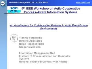 Information Management Unit / ICCS of NTUA            www.imu.iccs.gr


             4th IEEE Workshop on Agile Cooperative
               Process-Aware Information Systems



An Architecture for Collaboration Patterns in Agile Event-Driven
                         Environments


          Yiannis Verginadis
          Dimitris Apostolou
          Nikos Papageorgiou
          Gregoris Mentzas

          Information Management Unit
          Institute of Communication and Computer
          Systems
          National Technical University of Athens
 