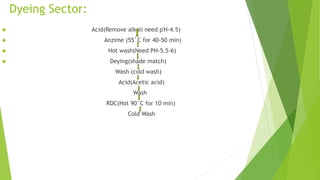 Dyeing Sector:
 Acid(Remove alkali need pΉ-4.5)
 Anzime (55˚C for 40-50 min)
 Hot wash(Need PH-5.5-6)
 Deying(shade match)
Wash (cold wash)
Acid(Acetic acid)
Wash
RDC(Hot 90°C for 10 min)
Cold Wash
 
