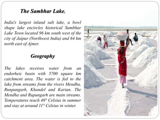 The Sambhar Lake,
India's largest inland salt lake, a bowl
shape lake encircles historical Sambhar
Lake Town located 96 km south west of the
city of Jaipur (Northwest India) and 64 km
north east of Ajmer.
Geography
The lakes receives water from an
endorheic basin with 5700 square km
catchment area. The water is fed to the
lake from streams from the rivers Mendha,
Runpangarh, Khandel and Karian. The
Mendha and Rupangarh are main streams.
Temperatures reach 40° Celsius in summer
and stay at around 11° Celsius in winter.
 