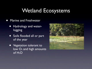 Wetland Ecosystems
•   Marine and Freshwater

    •   Hydrology and water-
        logging

    •   Soils ﬂooded all or part
        of the year

    •   Vegetation tolerant to
        low O2 and high amounts
        of H2O
 