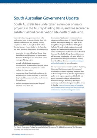 100 / Wetlands Australia February 2015
South Australian Government Update
South Australia has undertaken a number of major
projects in the Murray–Darling Basin, and has secured a
substantial bird conservation site north of Adelaide.
Improved wetland management continues to be
implemented in the SA Murray–Darling Basin with
substantial infrastructure and planning activities
completed in 2014–15, through the $100 million
Riverine Recovery Project, funded by the Australian
and South Australian Governments. Activities include:
•	 completion of works at Riverland Ramsar site at
Lakes Merreti and Woolpolool to improve water
flow onto the floodplain and enable more natural
wetting and drying regimes
•	 upgrade to hydrological management
infrastructure at the Ramsar listed Banrock Station
and new infrastructure completed at 4 further
wetland sites in the region
•	 construction of the Deep Creek regulator on the
Pike Floodplain to allow native fish, in particular
large bodied fish, access to the Pike Anabranch fast
flowing habitat
•	 wetland management planning and design of
structures for 14 more sites.
Construction of significant new environmental water
management infrastructure at the Chowilla Floodplain
Icon Site, was completed during 2014 as part of The
Living Murray Program of the Murray–Darling Basin
Authority. The works include a major environmental
regulator on Chowilla Creek incorporating denil and
vertical slot fishways and ancillary structures on Woolshed
Creek and Chowilla Island Loop. The new infrastructure
will be operated in conjunction with raising of Lock 6 to
generate broad scale floodplain inundation at relatively
lower River Murray flows. See www.environment.sa.gov.
au/chowilla-floodplain for more information.
The provision of environmental water from The Living
Murray and the Commonwealth Environmental
Water Office has helped to prolong and extend flows
to the Coorong and estuary. This has improved water
quality in the region, populations of birds, fish and
aquatic plants such as Ruppia tuberosa post the
Millennium drought. A summary of ecological
monitoring results from this region from 2012-13 can
be found at www.environment.sa.gov.au/managing-
natural-resources/river-murray/river-restoration-and-
environmental-water/monitoring-river-health.
Port Gawler Conservation Park and surrounds which will form part of the Adelaide International Bird Sanctuary
(© Copyright, South Australian Coast Protection Board)
 
