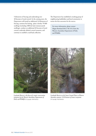 52 / Wetlands Australia February 2015
5 kilometres of fencing and undertaking over
40 hectares of weed control. In the coming years, the
Department will install an additional 16 kilometres of
fencing, continue fox baiting, plant a further 70 000
seedlings (including 1000 die back resistant jarrah
seedlings), conduct an additional 40 hectares of weed
control, undertake dieback control measures, and
continue to establish a seed back collection.
The Department has established a working group of
neighbouring landholders and local community to
ensure the best outcomes for the reserve.
For more information, please contact
Megan Rowland (0412 782 351) from the
Western Australian Department of Parks
and Wildlife.
Lowlands Reserve is the focus of a major conservation
initiative by the Western Australian Department of
Parks and Wildlife (© Copyright, Heidi Bucktin)
Lowlands Reserve on the Swan Coastal Plain in Western
Australia contains 1310 hectares of intact ecosystems
(© Copyright, Heidi Bucktin)
 