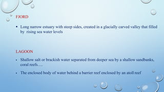FJORD
▪ Long narrow estuary with steep sides, created in a glacially carved valley that filled
by rising sea water levels
LAGOON
▪ Shallow salt or brackish water separated from deeper sea by a shallow sandbanks,
coral reefs….
▪ The enclosed body of water behind a barrier reef enclosed by an atoll reef
 