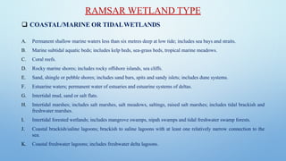 RAMSAR WETLAND TYPE
❑ COASTAL/MARINE OR TIDALWETLANDS
A. Permanent shallow marine waters less than six metres deep at low tide; includes sea bays and straits.
B. Marine subtidal aquatic beds; includes kelp beds, sea-grass beds, tropical marine meadows.
C. Coral reefs.
D. Rocky marine shores; includes rocky offshore islands, sea cliffs.
E. Sand, shingle or pebble shores; includes sand bars, spits and sandy islets; includes dune systems.
F. Estuarine waters; permanent water of estuaries and estuarine systems of deltas.
G. Intertidal mud, sand or salt flats.
H. Intertidal marshes; includes salt marshes, salt meadows, saltings, raised salt marshes; includes tidal brackish and
freshwater marshes.
I. Intertidal forested wetlands; includes mangrove swamps, nipah swamps and tidal freshwater swamp forests.
J. Coastal brackish/saline lagoons; brackish to saline lagoons with at least one relatively narrow connection to the
sea.
K. Coastal freshwater lagoons; includes freshwater delta lagoons.
 