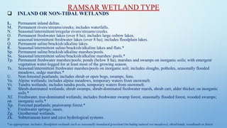 RAMSAR WETLAND TYPE
❑ INLAND OR NON-TIDAL WETLANDS
L. Permanent inland deltas.
M. Permanent rivers/streams/creeks; includes waterfalls.
N. Seasonal/intermittent/irregular rivers/streams/creeks.
O. Permanent freshwater lakes (over 8 ha); includes large oxbow lakes.
P. seasonal/intermittent freshwater lakes (over 8 ha); includes floodplain lakes.
Q. Permanent saline/brackish/alkaline lakes.
R. Seasonal/intermittent saline/brackish/alkaline lakes and flats.*
Sp. Permanent saline/brackish/alkaline marshes/pools.
Ss. Seasonal/intermittent saline/brackish/alkaline marshes/ pools.*
Tp. Permanent freshwater marshes/pools; ponds (below 8 ha), marshes and swamps on inorganic soils; with emergent
vegetation water-logged for at least most of the growing season.
Ts. Seasonal/intermittent freshwater marshes/pools on inorganic soil; includes sloughs, potholes, seasonally flooded
meadows, sedge marshes.*
U. Non-forested peatlands; includes shrub or open bogs, swamps, fens.
Va. Alpine wetlands; includes alpine meadows, temporary waters from snowmelt.
Vt. Tundra wetlands; includes tundra pools, temporary waters from snowmelt.
W. Shrub-dominated wetlands; shrub swamps, shrub-dominated freshwater marsh, shrub carr, alder thicket; on inorganic
soils.*
Xf. Freshwater, tree-dominated wetlands; includes freshwater swamp forest, seasonally flooded forest, wooded swamps;
on inorganic soils.*
Xp. Forested peatlands; peatswamp forest.*
Y. Freshwater springs; oases.
Zg. Geothermal wetlands.
Zk. Subterranean karst and cave hydrological systems.
* as appropriate, includes: floodplain wetlands such as seasonally inundated grassland (including natural wet meadows), shrublands, woodlands or forest.
 