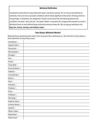 Two Dozen Wetland Words!
What do these wetland words mean? Use resources like a dictionary or the internet to write down a
short definition of what they mean.
Wetland Definition
A wetland is land which is saturated with water and drains poorly. For an area to be defined as
wetlands, that area has to provide conditions which allow significant interaction of living and non-
living things. In wetlands, the adaptation of plant and animal life contribute greatly to the
conditions of water, land and soil. The water depth in wetlands do not generally exceed six meters.
Wetlands have no well defined beds and banks whereas lakes do. We can group wetlands into:
bog, fen, marsh, swamp, and shallow water.
Amphibian –
Aquatic Zone –
Consumer –
Decomposer –
Drought –
Fen –
Flood –
Food Web –
Ground Water –
Habitat –
Invertebrate –
Marsh –
Peat –
Pollution –
Predator –
Prey –
Producer –
Recharge –
Riparian Zone –
Surface Water –
Upland –
Water Table –
Waterfowl –
Watershed –
 