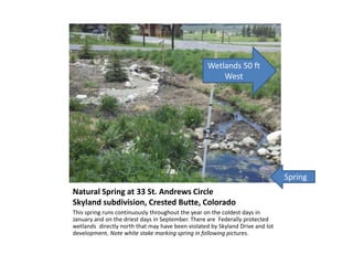 Natural Spring at 33 St. Andrews Circle
Skyland subdivision, Crested Butte, Colorado
This spring runs continuously throughout the year on the coldest days in
January and on the driest days in September. There are Federally protected
wetlands directly north that may have been violated by Skyland Drive and lot
development. Note white stake marking spring in following pictures.
Wetlands 50 ft
West
Spring
 