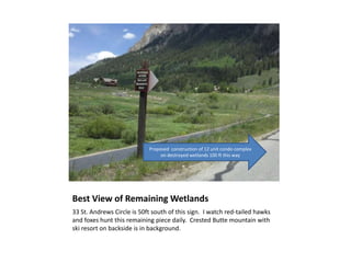 Best View of Remaining Wetlands
33 St. Andrews Circle is 50ft south of this sign. I watch red-tailed hawks
and foxes hunt this remaining piece daily. Crested Butte mountain with
ski resort on backside is in background.
Proposed construction of 12 unit condo complex
on destroyed wetlands 100 ft this way
 
