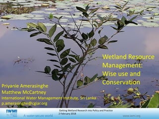 Getting Wetland Research into Policy and Practice
2 February 2018
Photo: Kolkata
Wetland Resource
Management:
Wise use and
ConservationPriyanie Amerasinghe
Matthew McCartney
International Water Management Institute, Sri Lanka
p.amerasinghe@cgiar.org
 