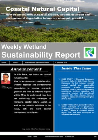 1
C2 General
Weekly Wetland
Sustainability Report
Volume 1 Issue 11 Weekly Wetland Sustainability Report 16 September 2019
Inside This IssueAnnouncement
Editor
Fadeke Ayoola
In this issue, we focus on coastal
natural capital.
How do we counteract coastal erosion,
wetland depletion and environmental
degradation to improve economic
growth? We look at different regions
within Africa to understand how they
are addressing the challenges of
managing coastal natural capital, as
well as the potential solutions to the
issue, soft and hard coastal
management techniques.
Volume 1 Issue 9 Weekly Wetland Sustainability Report 16 September 2019 Page 1
Image courtesy of Blue Planet Oceans and Society
1. CASE STUDY 1: Mangrove Ecosystem
Economic Value in Mida Creek, Kenya.
Discussing the link between coastal
natural capital and sustainable
economic growth. Discussing
economic value of mangrove ecosystem
provisioning services, regulating and
supporting services and recreational
services. We also discuss Kenya’s
mangrove ecosystem management plan
2017 to 2027.
2. CASE STUDY 2: West, Central & Southern
Africa challenges in eco-governance.
Anthropogenic causes of coastal erosion
in West, Central & Southern African
region. Soft and hard techniques to
address coastal erosion.
Coastal Natural Capital
How do we counteract coastal erosion, wetland depletion and
environmental degradation to improve economic growth?
 
