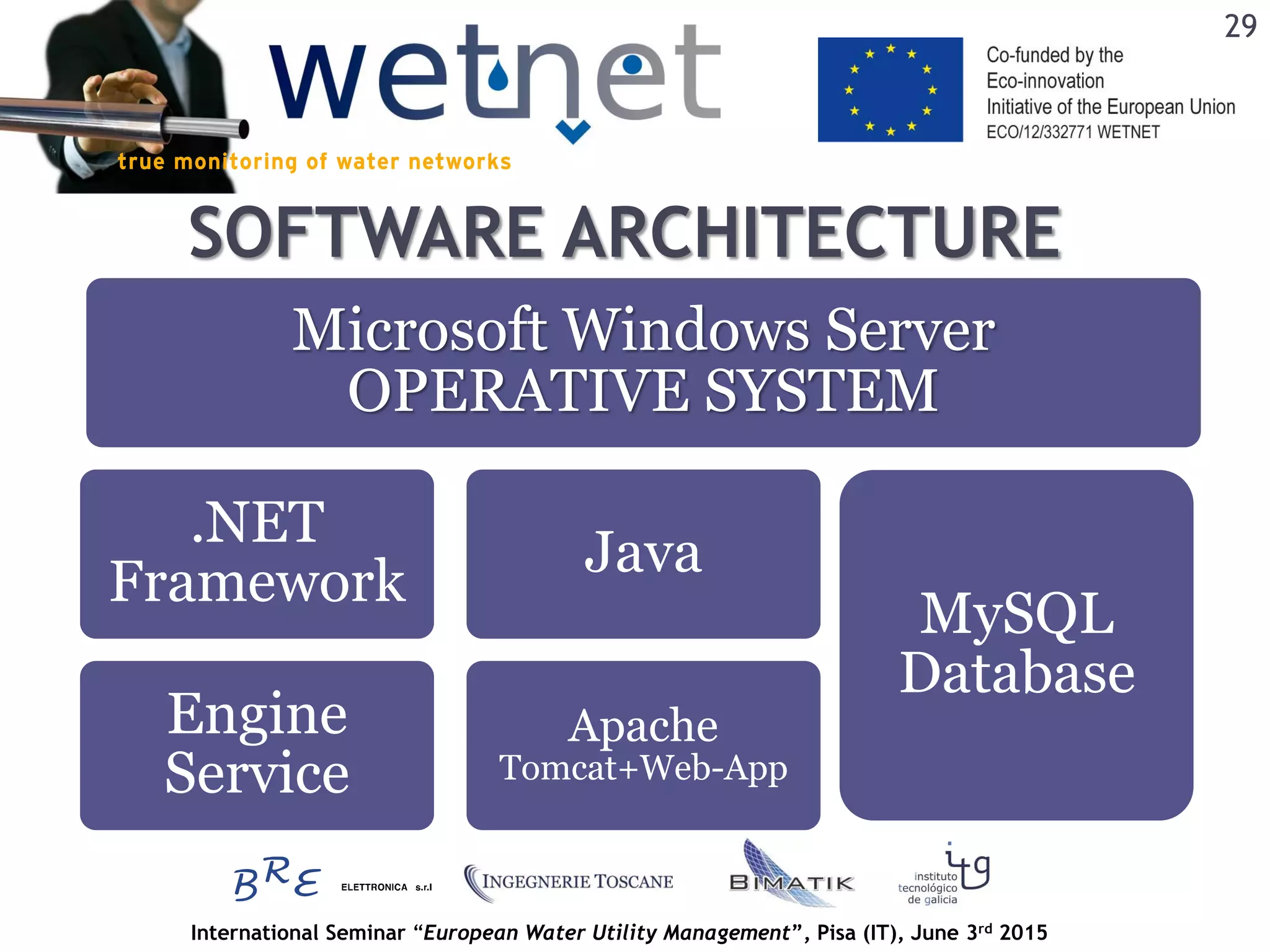 International Seminar “European Water Utility Management”, Pisa (IT), June 3rd 2015
Microsoft Windows Server
OPERATIVE SYSTEM
.NET
Framework
Engine
Service
Java
Apache
Tomcat+Web-App
MySQL
Database
SOFTWARE ARCHITECTURE
29
 