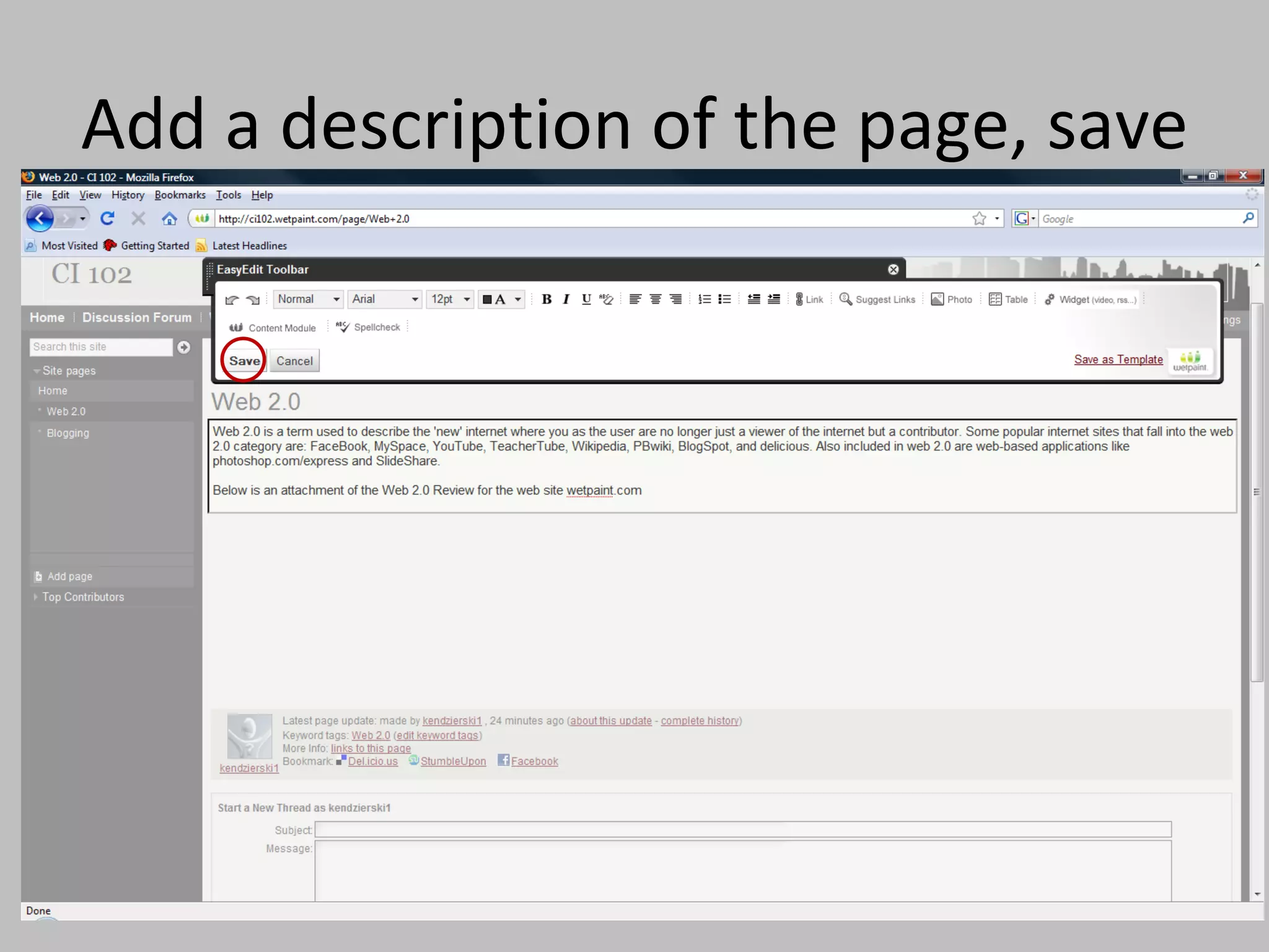 Add a description of the page, save 