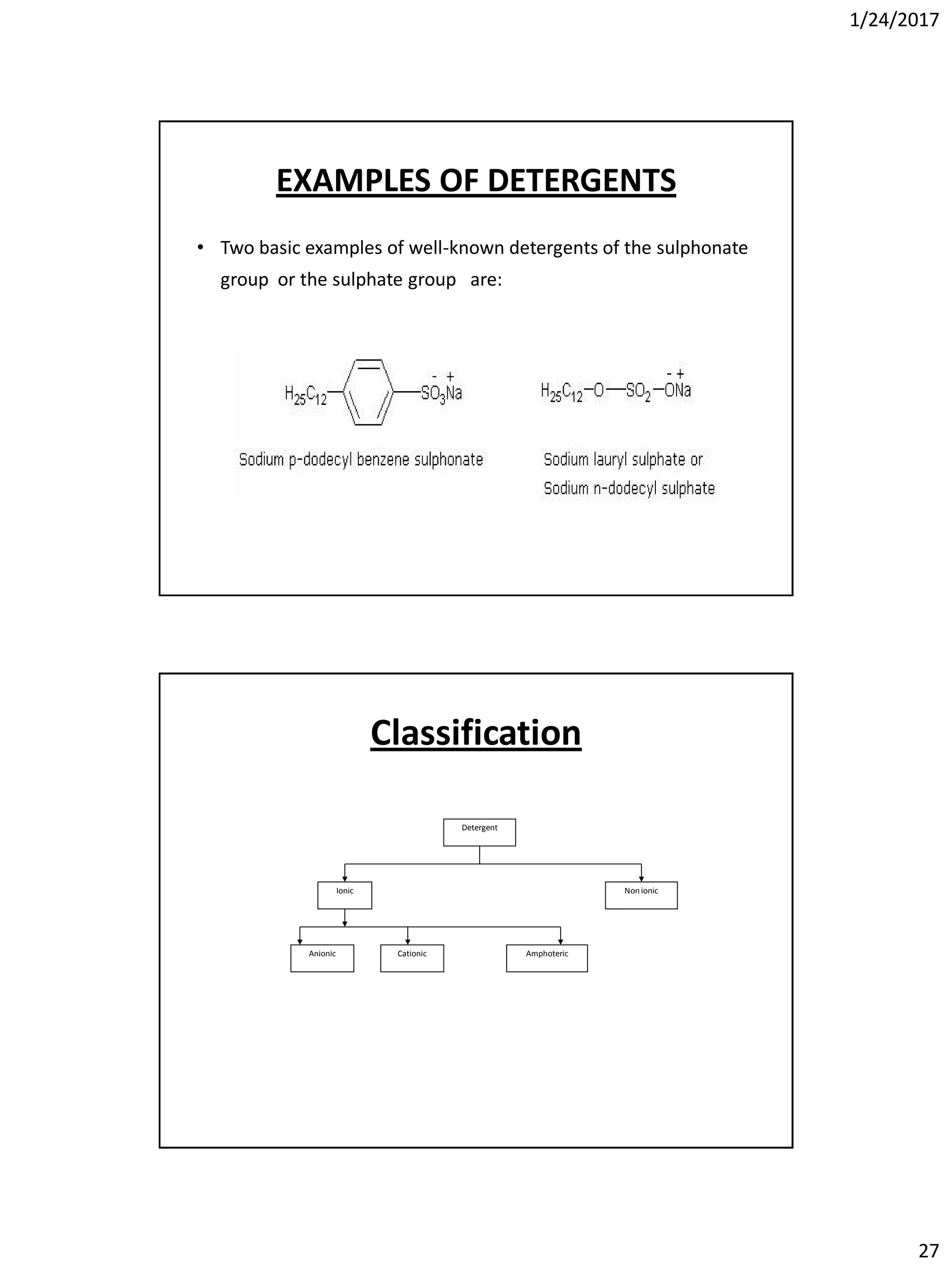 1/24/2017
27
EXAMPLES OF DETERGENTS
• Two basic examples of well-known detergents of the sulphonate
group or the sulphate group are:
Classification
Detergent
Ionic Nonionic
Anionic Cationic Amphoteric
 