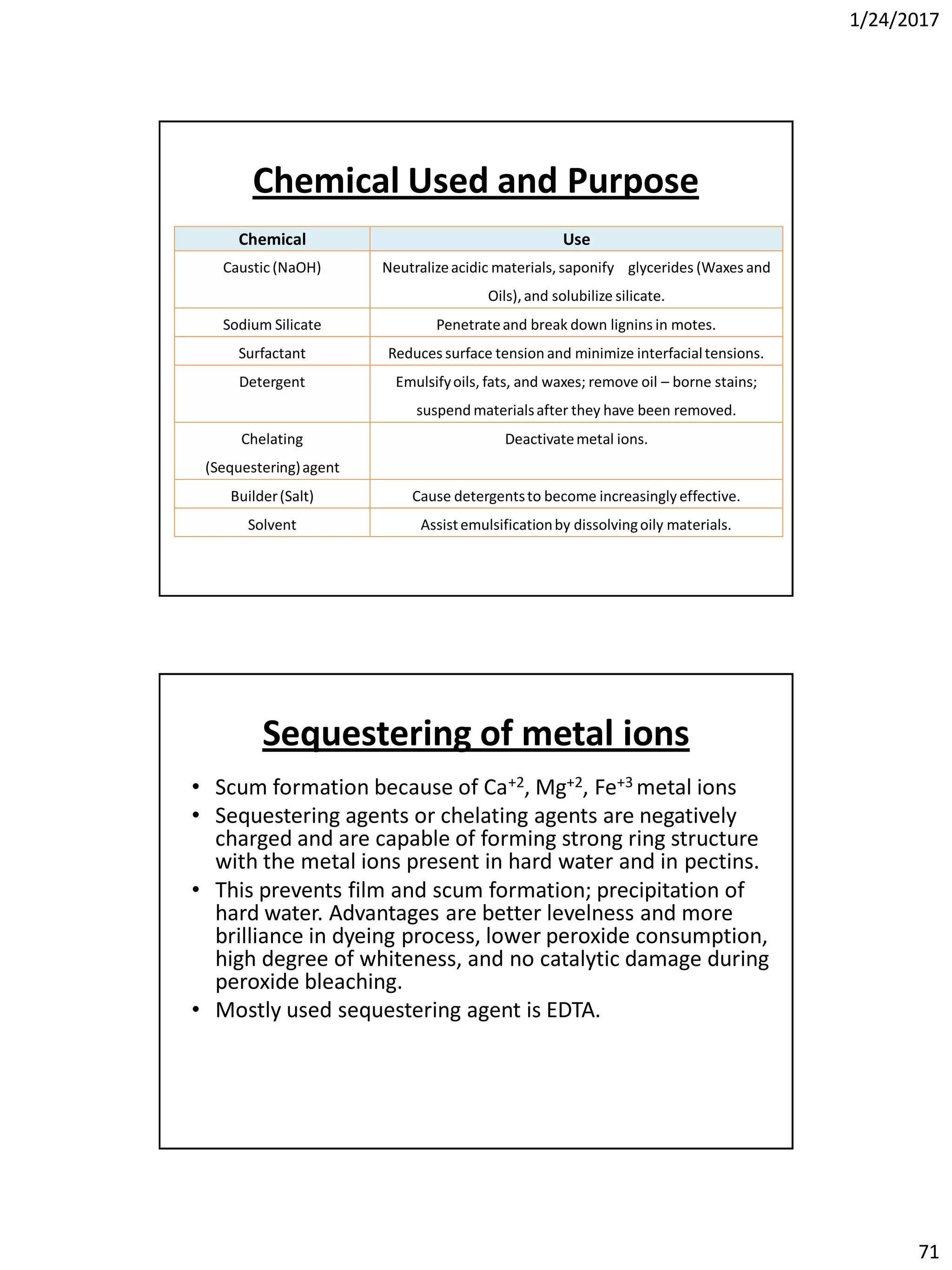 1/24/2017
71
Chemical Use
Caustic (NaOH) Neutralizeacidic materials, saponify glycerides (Waxes and
Oils),and solubilize silicate.
Sodium Silicate Penetrateand break down lignins in motes.
Surfactant Reduces surface tension and minimize interfacialtensions.
Detergent Emulsifyoils, fats, and waxes; remove oil – borne stains;
suspend materialsafter they have been removed.
Chelating
(Sequestering)agent
Deactivatemetal ions.
Builder(Salt) Cause detergentsto become increasingly effective.
Solvent Assistemulsificationby dissolvingoily materials.
Chemical Used and Purpose
Sequestering of metal ions
• Scum formation because of Ca+2, Mg+2, Fe+3 metal ions
• Sequestering agents or chelating agents are negatively
charged and are capable of forming strong ring structure
with the metal ions present in hard water and in pectins.
• This prevents film and scum formation; precipitation of
hard water. Advantages are better levelness and more
brilliance in dyeing process, lower peroxide consumption,
high degree of whiteness, and no catalytic damage during
peroxide bleaching.
• Mostly used sequestering agent is EDTA.
 