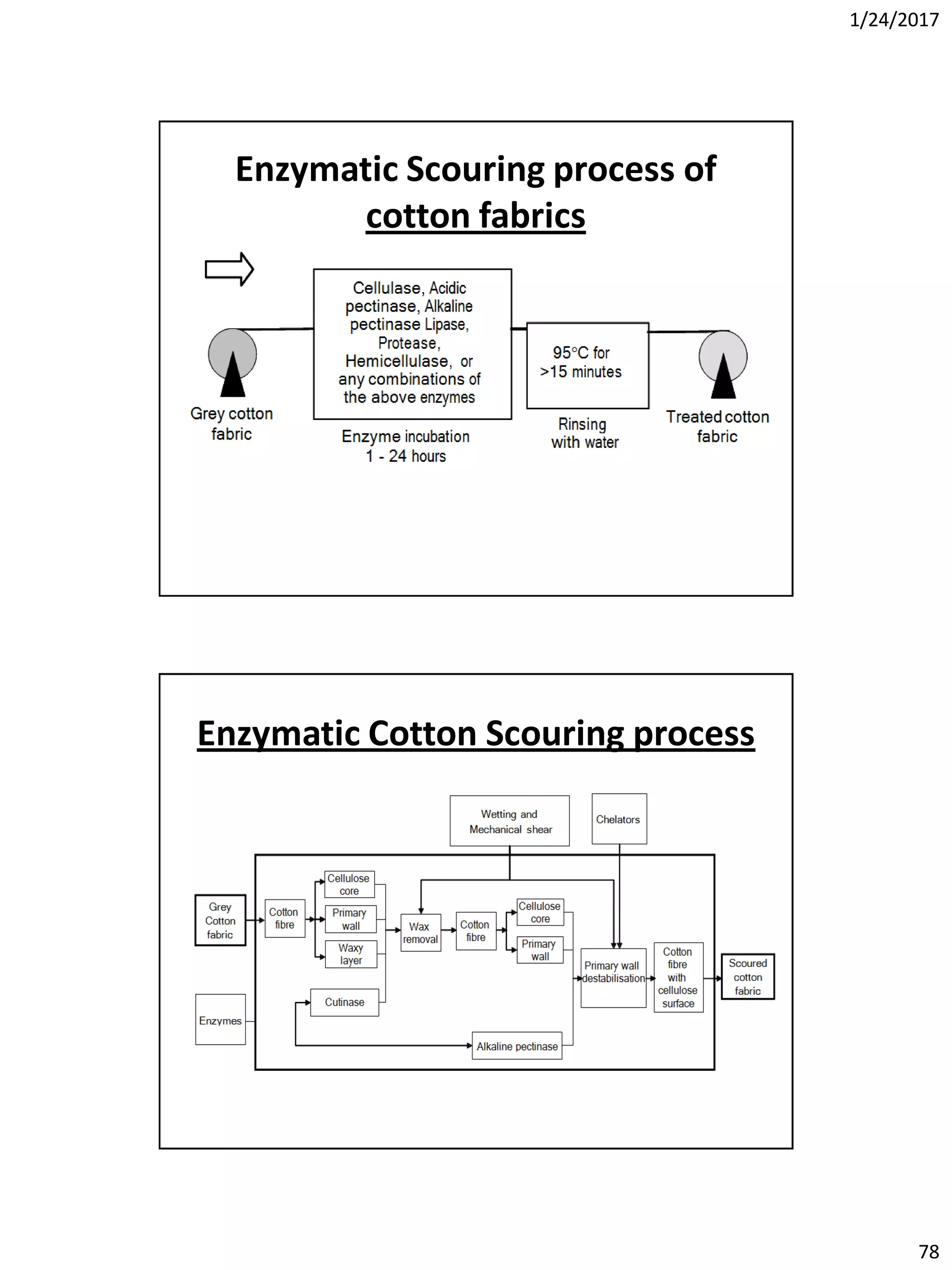1/24/2017
78
Enzymatic Scouring process of
cotton fabrics
Enzymatic Cotton Scouring process
 